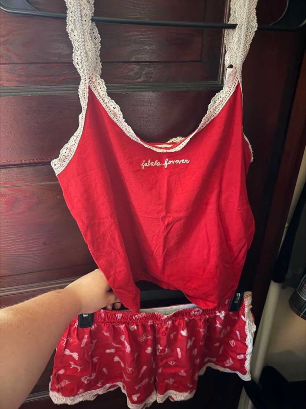 VS PINK LoveShackFancy Women's Red Lace-Trim Pajama Set